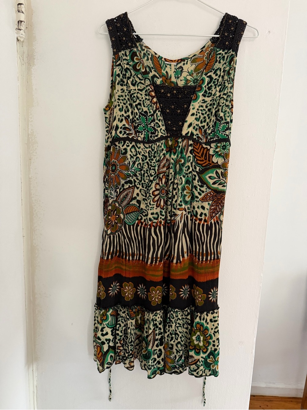 Boho Floral Beaded Tie-Waist Midi Dress Green Multi